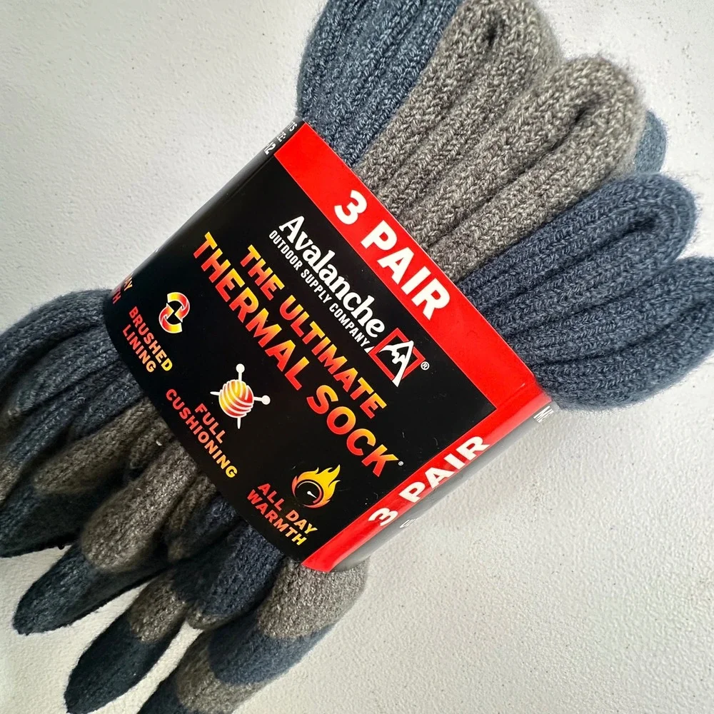 Avalanche Thermal Crew Socks 3 Pair Blue Grey Acrylic Blend Heavy Knit Mens 6-12